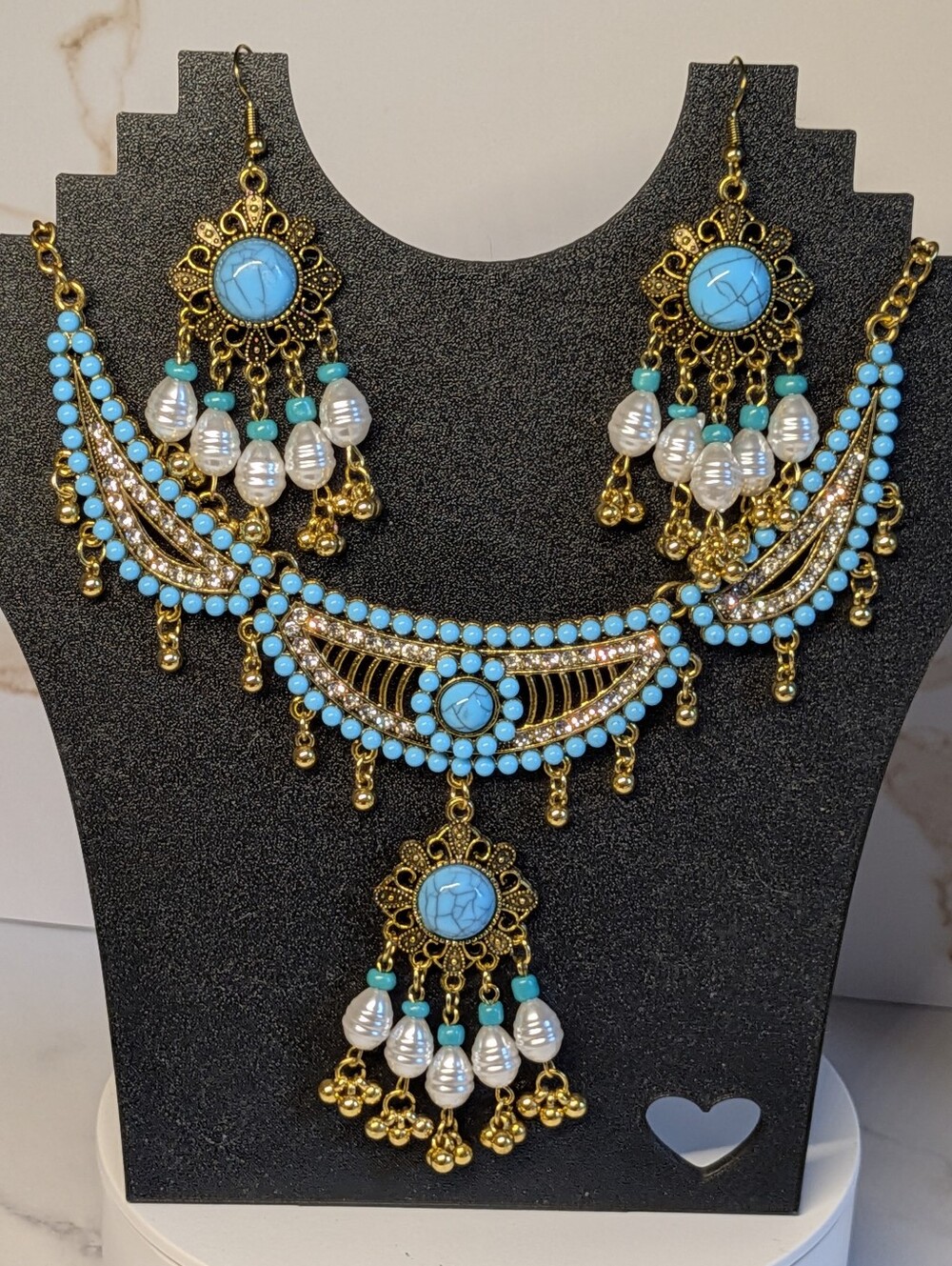 Gold and Turquoise Statement Necklace And Earrings Set